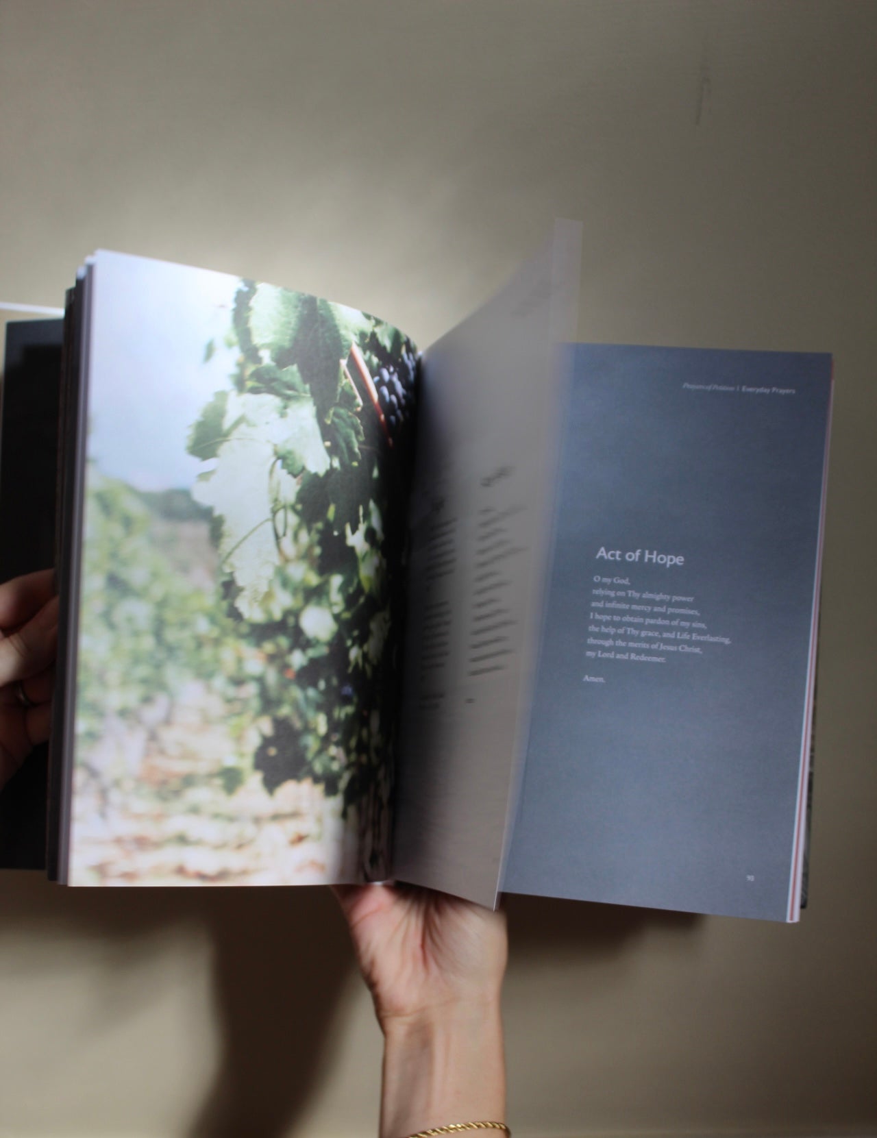 hands opening a Catholic prayer book used for daily prayer and growing in understanding of the faith